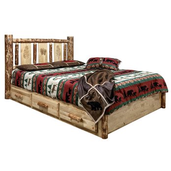 Glacier Queen Platform Bed w/ Storage & Laser Engraved Pine Design