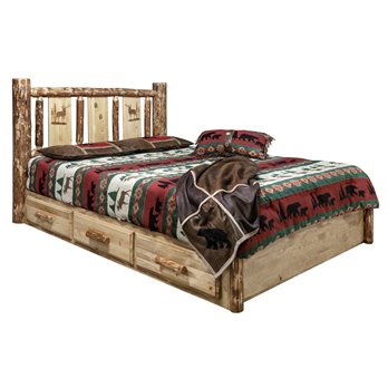 Glacier Queen Platform Bed w/ Storage & Laser Engraved Elk Design