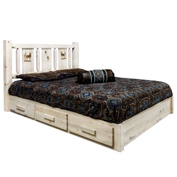 Homestead Cal King Platform Bed w/ Storage & Laser Engraved Elk Design - Ready to Finish