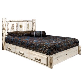 Montana Full Platform Bed w/ Storage & Laser Engraved Pine Design - Ready to Finish