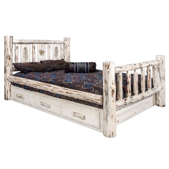 Montana Full Storage Bed w/ Laser Engraved Pine Design - Clear Lacquer Finish