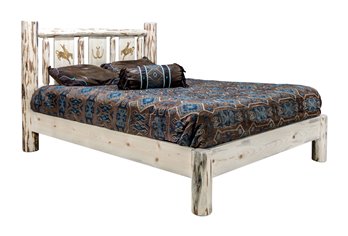 Montana Queen Platform Bed w/ Laser Engraved Bronc Design - Clear Lacquer Finish