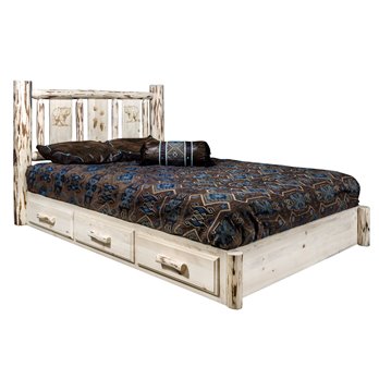 Montana Queen Platform Bed w/ Storage & Laser Engraved Bear Design - Ready to Finish