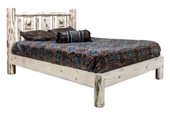 Montana Queen Platform Bed w/ Laser Engraved Elk Design - Clear Lacquer Finish