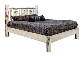 Montana Queen Platform Bed w/ Laser Engraved Moose Design - Clear Lacquer Finish