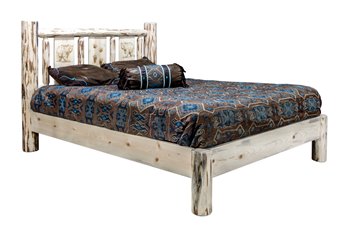 Montana Full Platform Bed w/ Laser Engraved Bear Design - Clear Lacquer Finish