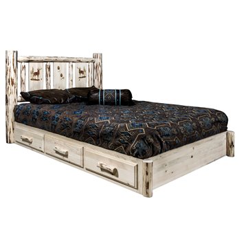 Montana Queen Platform Bed w/ Storage & Laser Engraved Elk Design - Clear Lacquer Finish