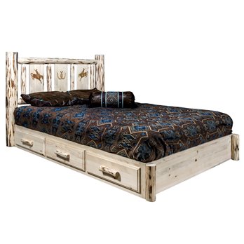 Montana Queen Platform Bed w/ Storage & Laser Engraved Bronc Design - Ready to Finish