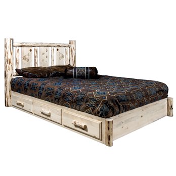 Montana Full Platform Bed w/ Storage & Laser Engraved Wolf Design - Clear Lacquer Finish