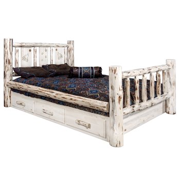 Montana Queen Storage Bed w/ Laser Engraved Wolf Design - Clear Lacquer Finish