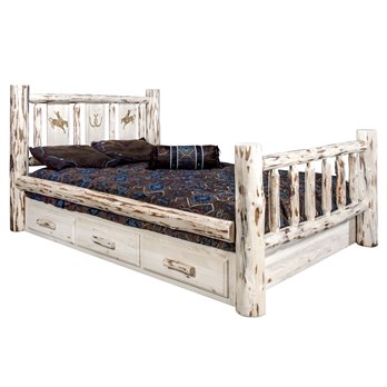 Montana Full Storage Bed w/ Laser Engraved Bronc Design - Clear Lacquer Finish