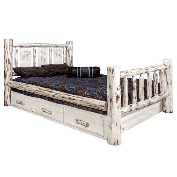 Montana Twin Storage Bed w/ Laser Engraved Bear Design - Clear Lacquer Finish