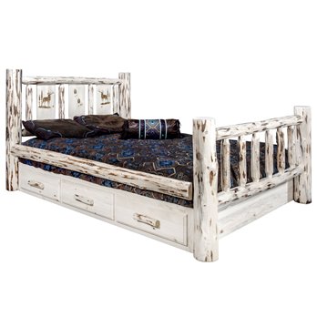 Montana Full Storage Bed w/ Laser Engraved Elk Design - Clear Lacquer Finish