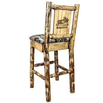 Glacier Counter Height Barstool w/ Back, Woodland Upholstery & Laser Engraved Moose Design