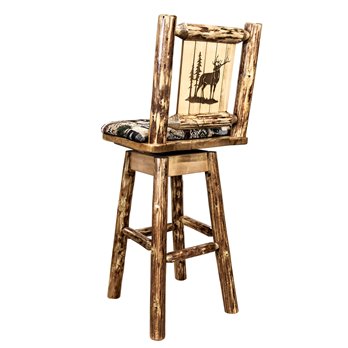 Glacier Counter Height Barstool w/ Back, Swivel, Woodland Upholstery & Laser Engraved Elk Design