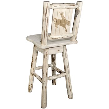 Montana Counter Height Barstool w/ Back, Swivel, & Laser Engraved Bronc Design - Clear Lacquer Finish