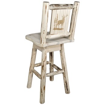 Montana Counter Height Barstool w/ Back, Swivel, & Laser Engraved Elk Design - Clear Lacquer Finish