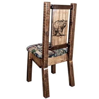 Homestead Side Chair w/ Woodland Upholstery & Laser Engraved Bear Design - Stain & Lacquer Finish