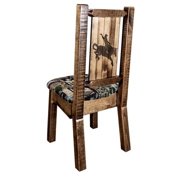 Homestead Side Chair w/ Woodland Upholstery & Laser Engraved Bronc Design - Stain & Lacquer Finish