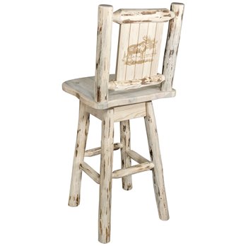 Montana Counter Height Barstool w/ Back, Swivel, & Laser Engraved Moose Design - Clear Lacquer Finish