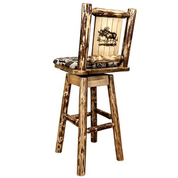 Glacier Counter Height Barstool w/ Back, Swivel, Woodland Upholstery & Laser Engraved Moose Design