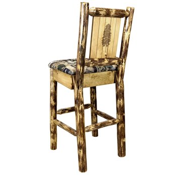 Glacier Counter Height Barstool w/ Back, Woodland Upholstery & Laser Engraved Pine Tree Design