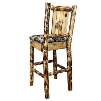 Glacier Counter Height Barstool w/ Back, Woodland Upholstery & Laser Engraved Wolf Design