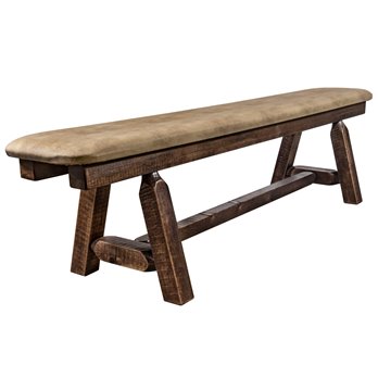 Homestead Plank Style 6 Foot Bench w/ Buckskin Upholstery - Stain & Clear Lacquer Finish