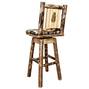 Glacier Counter Height Barstool w/ Back, Swivel, Woodland Upholstery & Laser Engraved Pine Tree Design