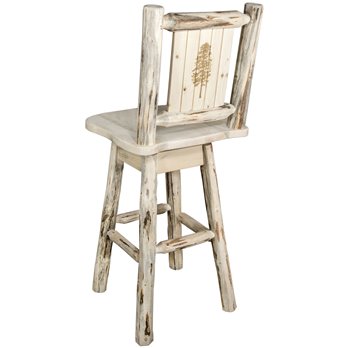 Montana Counter Height Barstool w/ Back, Swivel, & Laser Engraved Pine Tree Design - Clear Lacquer Finish