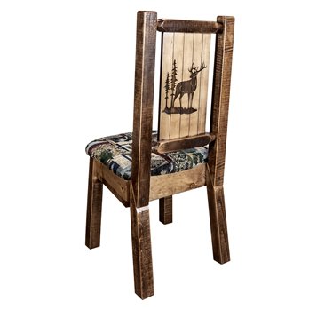 Homestead Side Chair w/ Woodland Upholstery & Laser Engraved Elk Design - Stain & Lacquer Finish