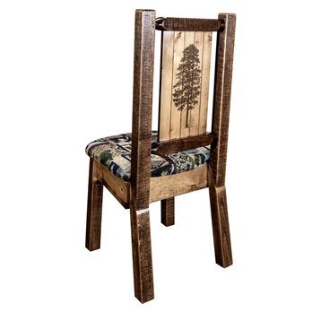 Homestead Side Chair w/ Woodland Upholstery & Laser Engraved Pine Tree Design - Stain & Lacquer Finish