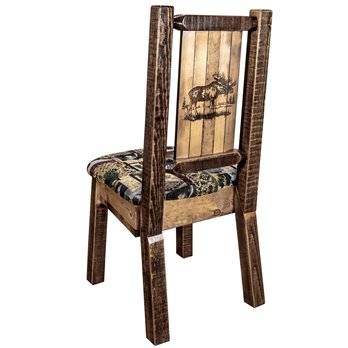 Homestead Side Chair w/ Woodland Upholstery & Laser Engraved Moose Design - Stain & Lacquer Finish