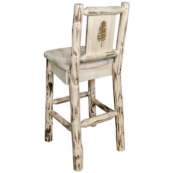 Montana Counter Height Barstool w/ Back & Laser Engraved Pine Tree Design - Clear Lacquer Finish