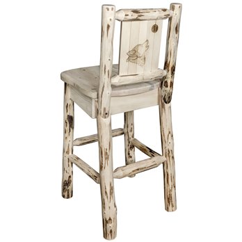 Montana Counter Height Barstool w/ Back & Laser Engraved Wolf Design - Clear Lacquer Finish