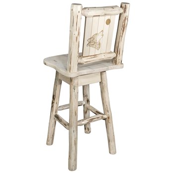 Montana Counter Height Barstool w/ Back, Swivel, & Laser Engraved Wolf Design - Clear Lacquer Finish