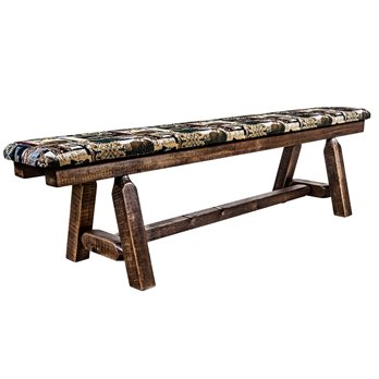 Homestead Plank Style 6 Foot Bench w/ Woodland Upholstery - Stain & Clear Lacquer Finish