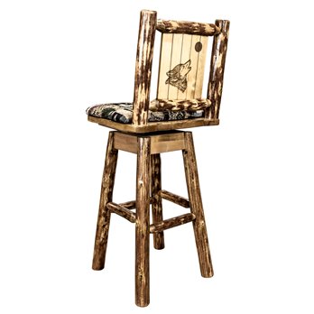 Glacier Counter Height Barstool w/ Back, Swivel, Woodland Upholstery & Laser Engraved Wolf Design