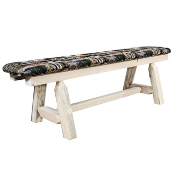 Homestead Plank Style 5 Foot Bench w/ Woodland Upholstery - Clear Lacquer Finish