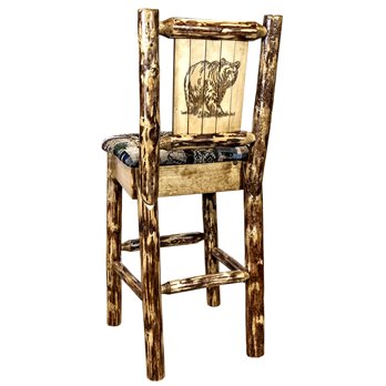 Glacier Counter Height Barstool w/ Back, Woodland Upholstery & Laser Engraved Bear Design