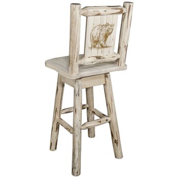 Montana Counter Height Barstool w/ Back, Swivel, & Laser Engraved Bear Design - Clear Lacquer Finish