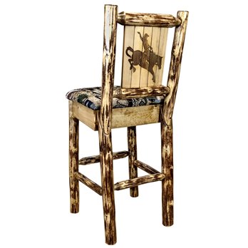 Glacier Counter Height Barstool w/ Back, Woodland Upholstery & Laser Engraved Bronc Design