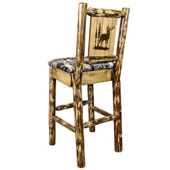 Glacier Counter Height Barstool w/ Back, Woodland Upholstery & Laser Engraved Elk Design