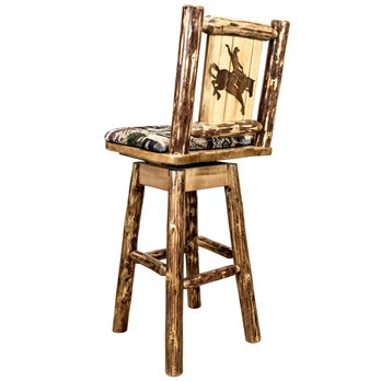 Glacier Counter Height Barstool w/ Back, Swivel, Woodland Upholstery & Laser Engraved Bronc Design