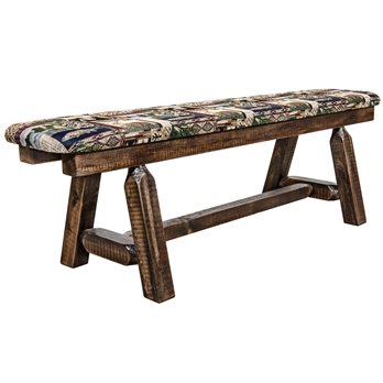 Homestead Plank Style 5 Foot Bench w/ Woodland Upholstery - Stain & Clear Lacquer Finish