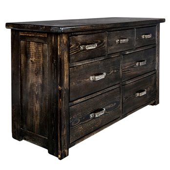 Big Sky Rugged Sawn 7 Drawer Dresser w/ Forged Iron Accents - Jacobean Stain & Clear Lacquer Finish