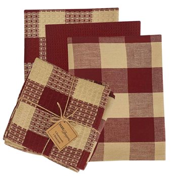 Wicklow Check 3 Dishtowel/1 Dishcloth Set - Garnet