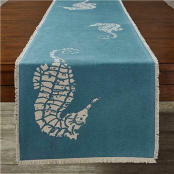 Seahorse Print Table Runner 15X72 Aqua