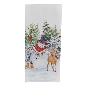 Snowman With Deer And Rabbits Printed Dishtowel