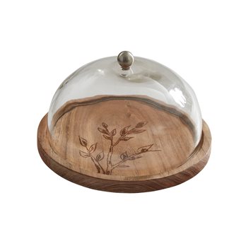 Leaves Wood Cheese Board With Glass Dome